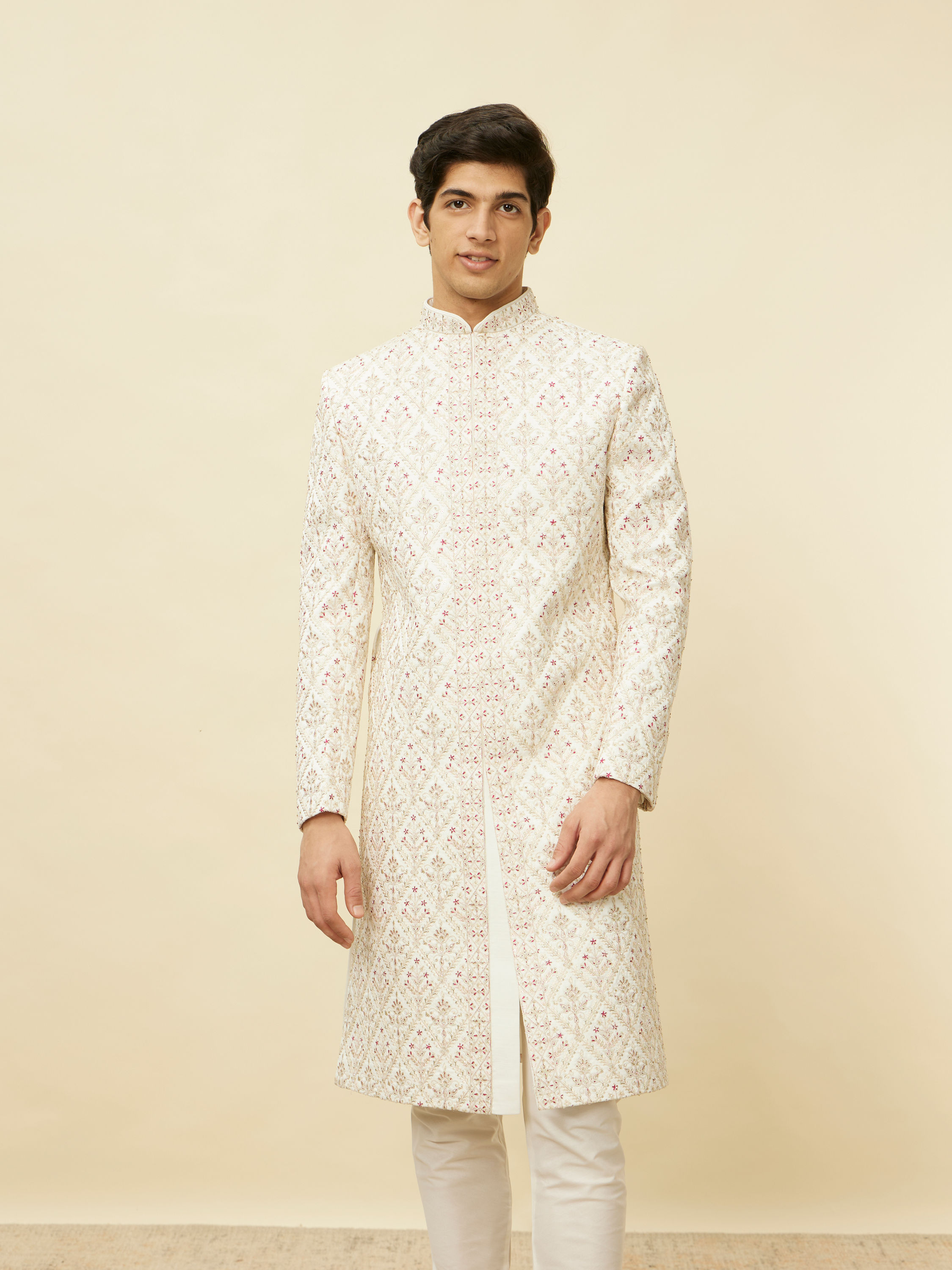 Manyavar Men Primrose Pink Aari Embroidered Sherwani Set