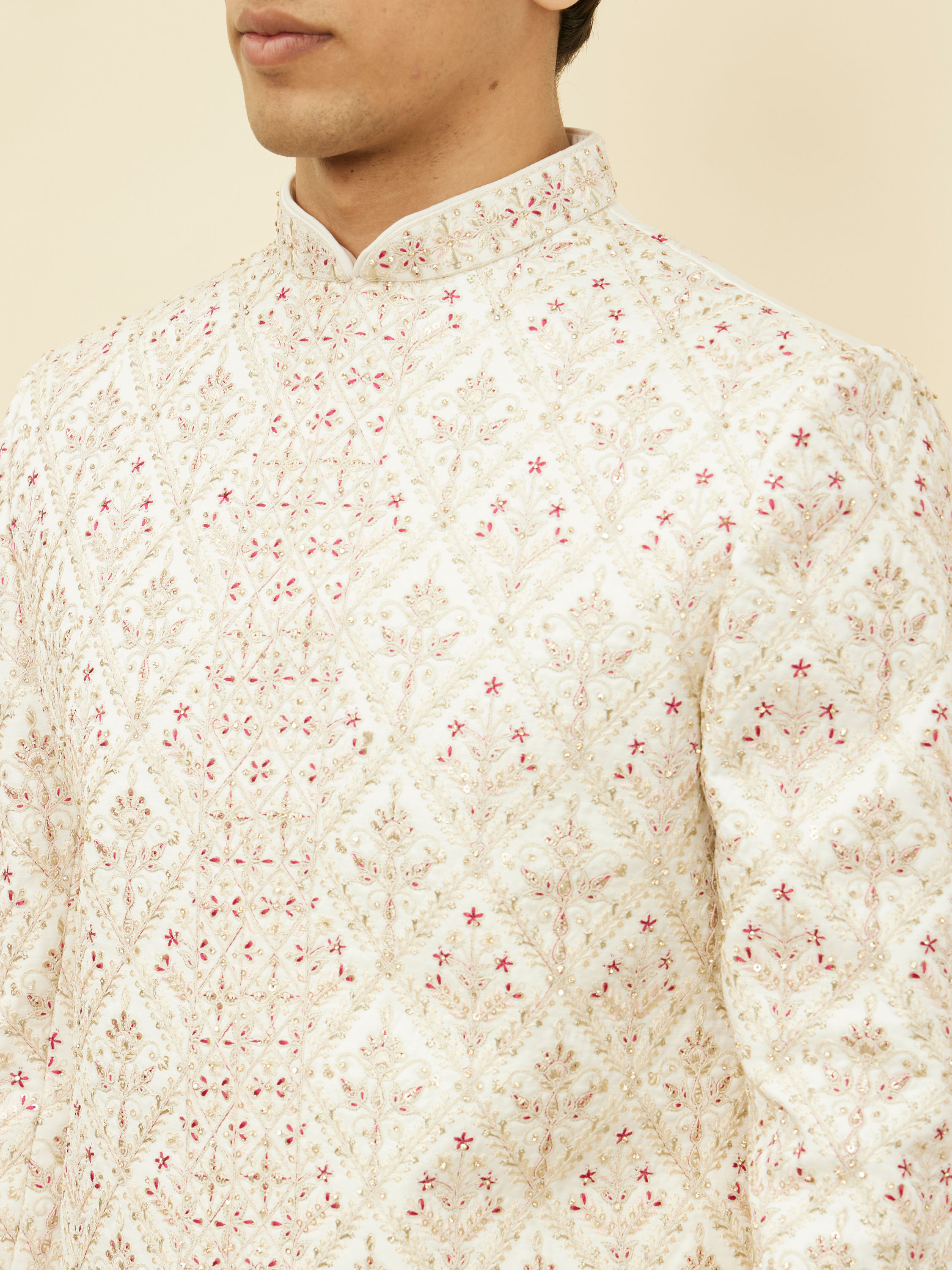 Manyavar Men Primrose Pink Aari Embroidered Sherwani Set