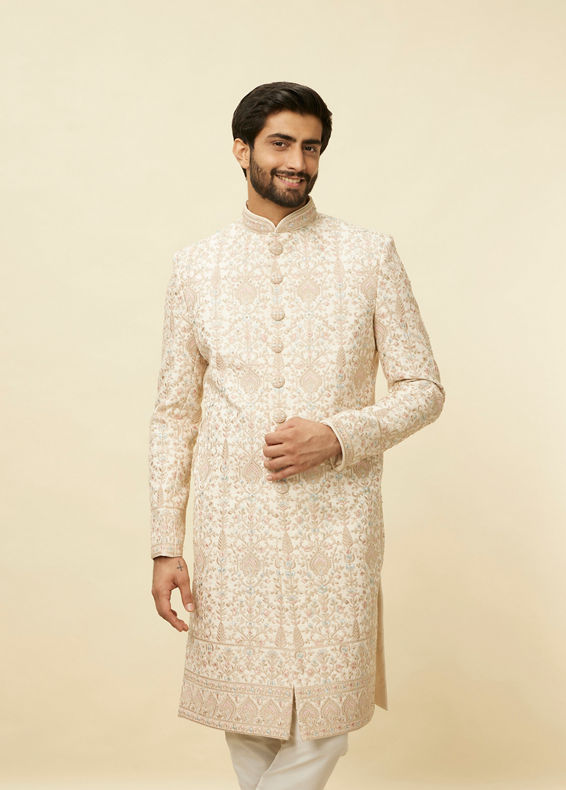Manyavar Men Veiled Rose Pink Aari Embroidered Sherwani Set