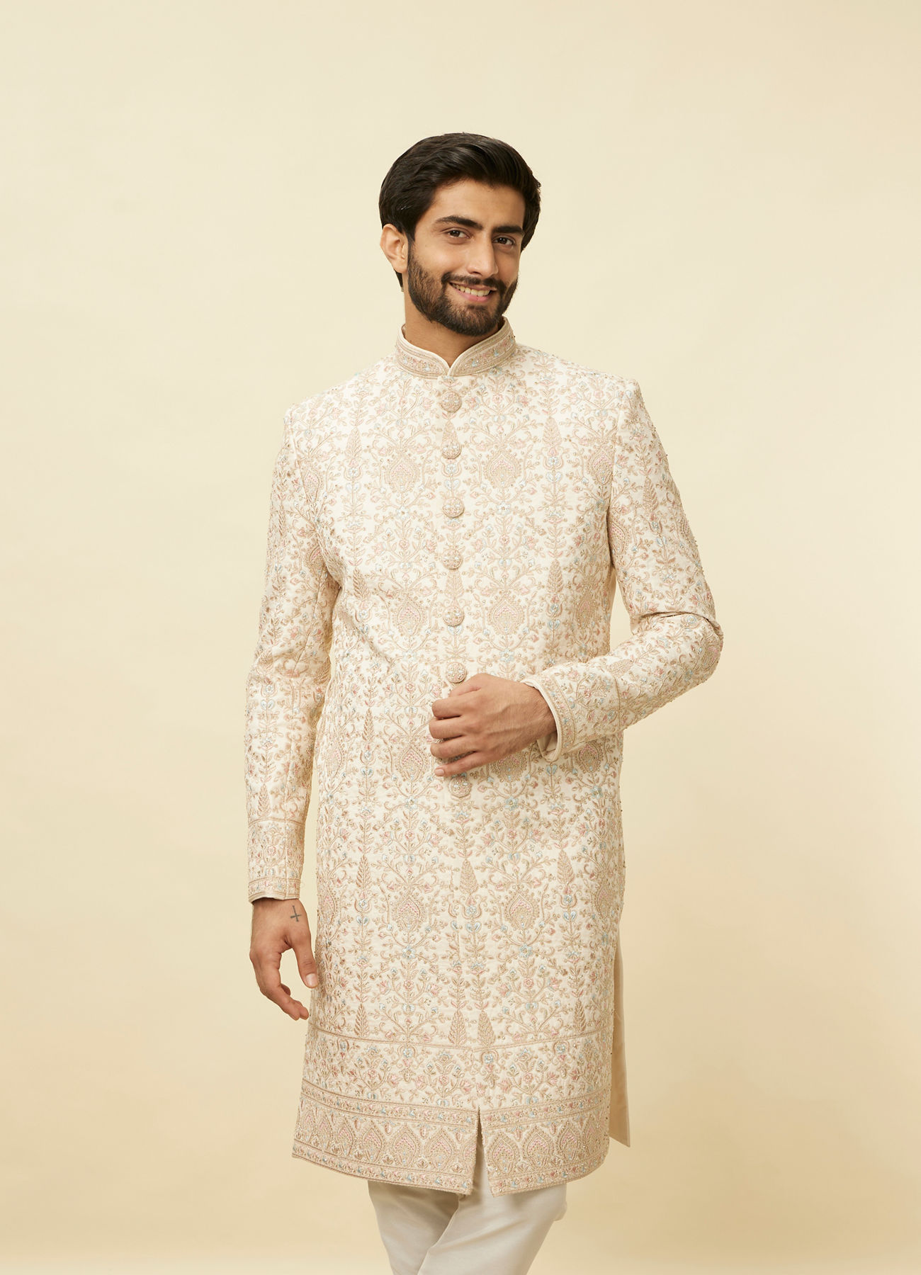 Manyavar Men Veiled Rose Pink Aari Embroidered Sherwani Set