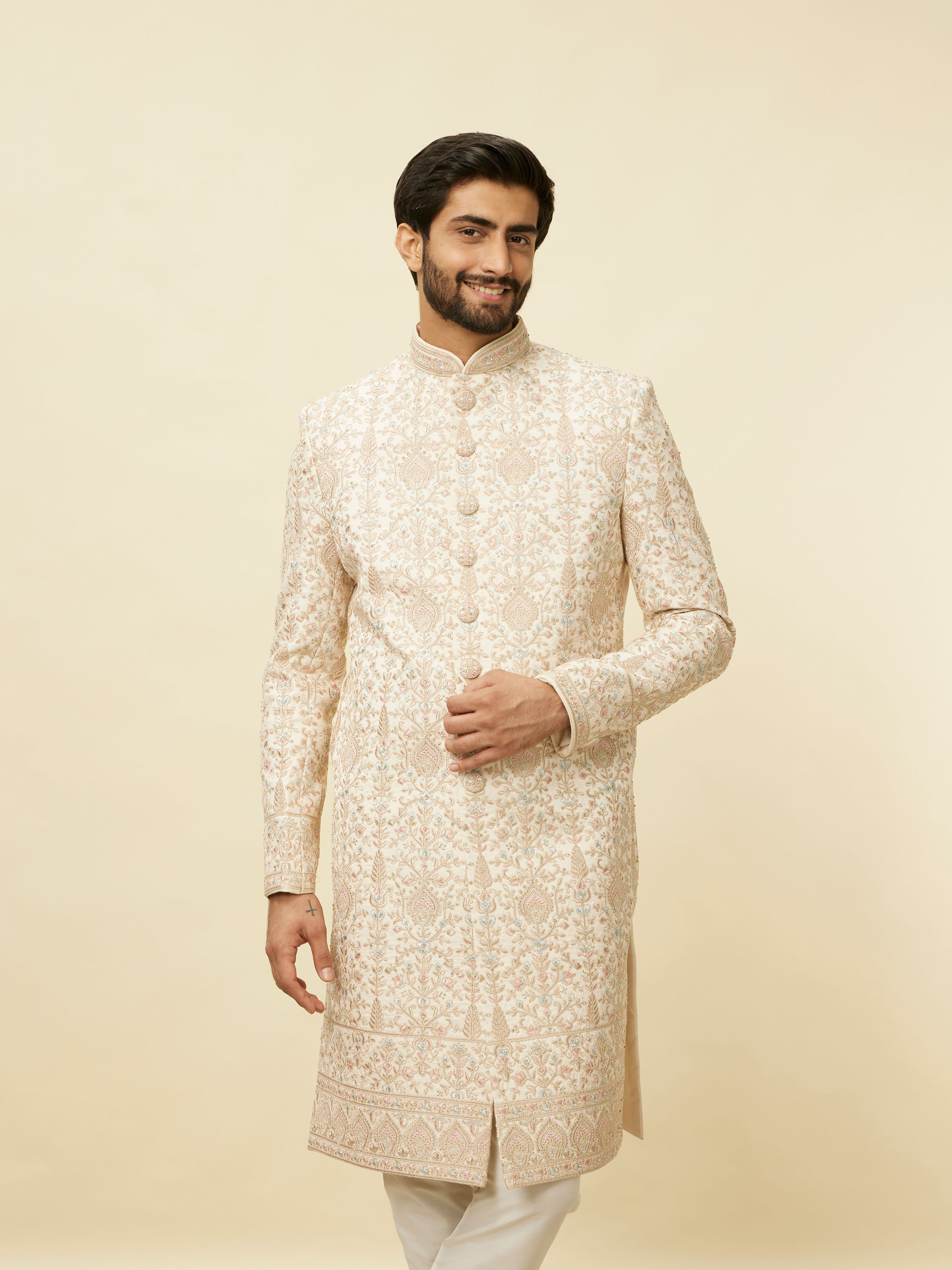 Manyavar Men Veiled Rose Pink Aari Embroidered Sherwani Set