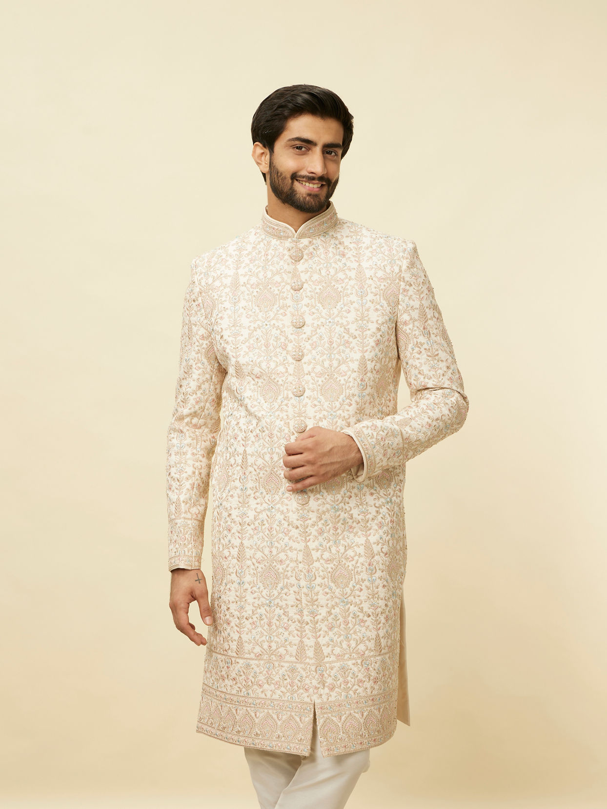 Manyavar Men Veiled Rose Pink Aari Embroidered Sherwani Set