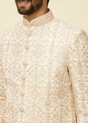 Manyavar Men Veiled Rose Pink Aari Embroidered Sherwani Set