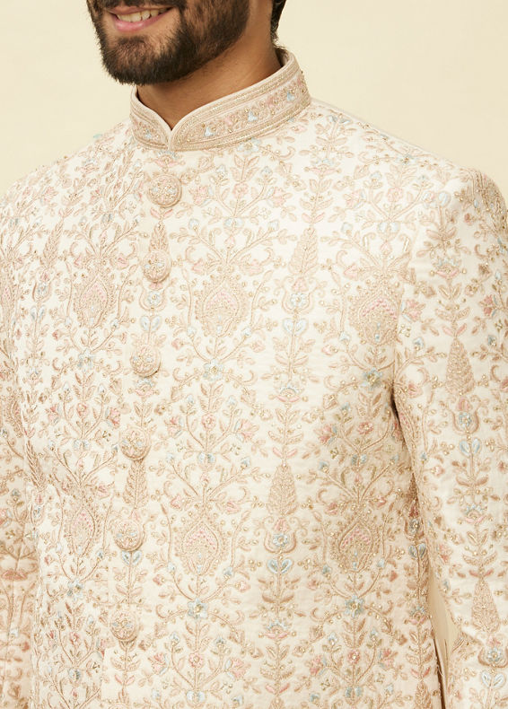 Manyavar Men Veiled Rose Pink Aari Embroidered Sherwani Set