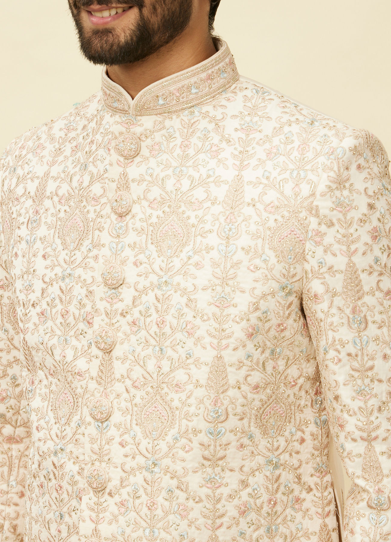 Manyavar Men Veiled Rose Pink Aari Embroidered Sherwani Set