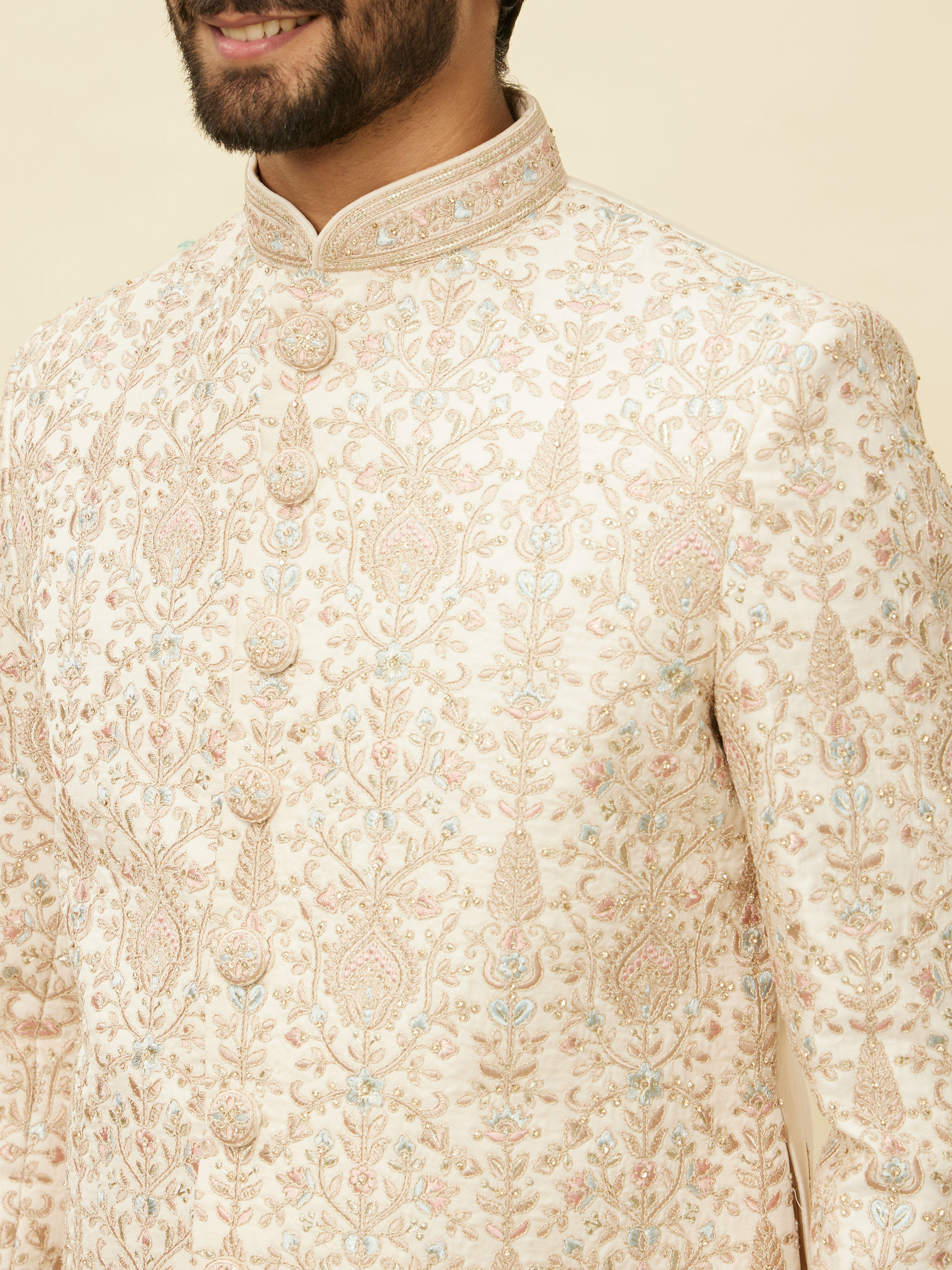 Manyavar Men Veiled Rose Pink Aari Embroidered Sherwani Set