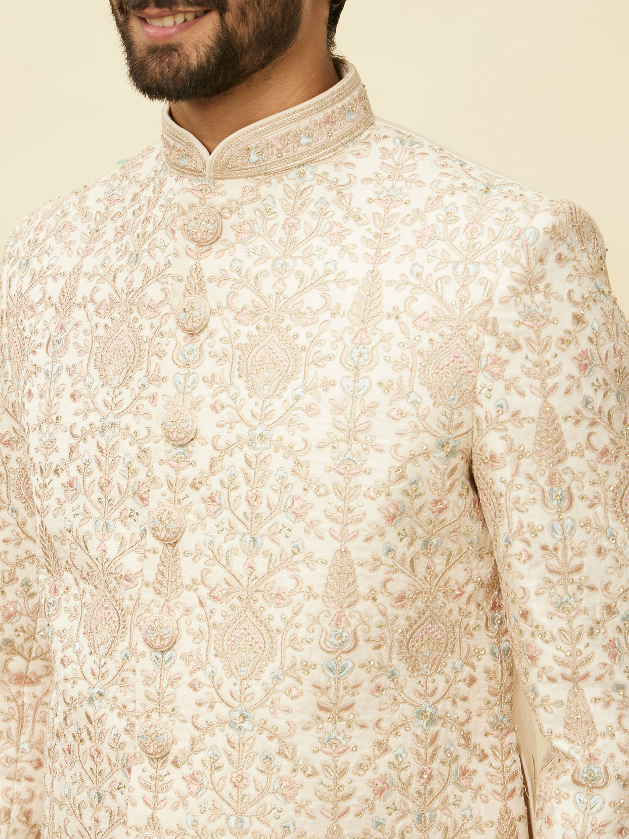 Manyavar Men Veiled Rose Pink Aari Embroidered Sherwani Set