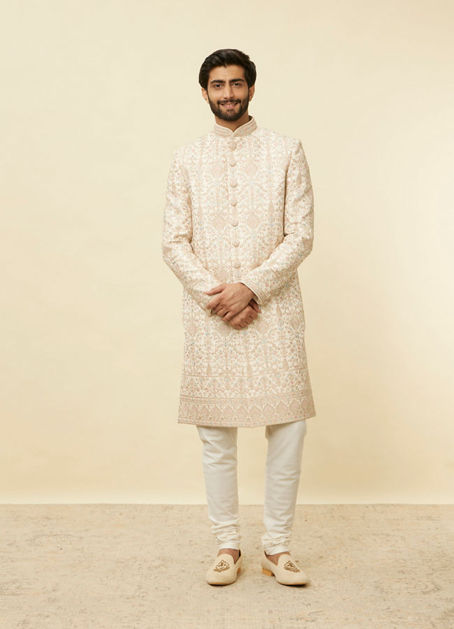 Manyavar Men Veiled Rose Pink Aari Embroidered Sherwani Set