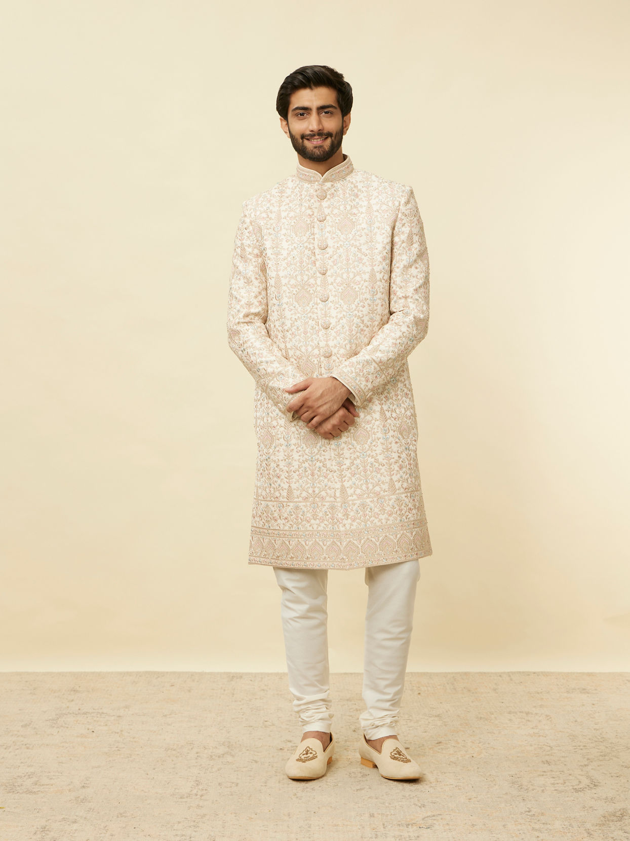 Manyavar Men Veiled Rose Pink Aari Embroidered Sherwani Set