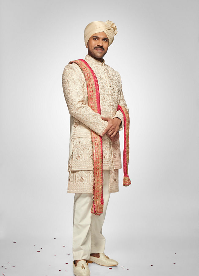 Warm White Floral Trellis Patterned Sherwani Set image number 0