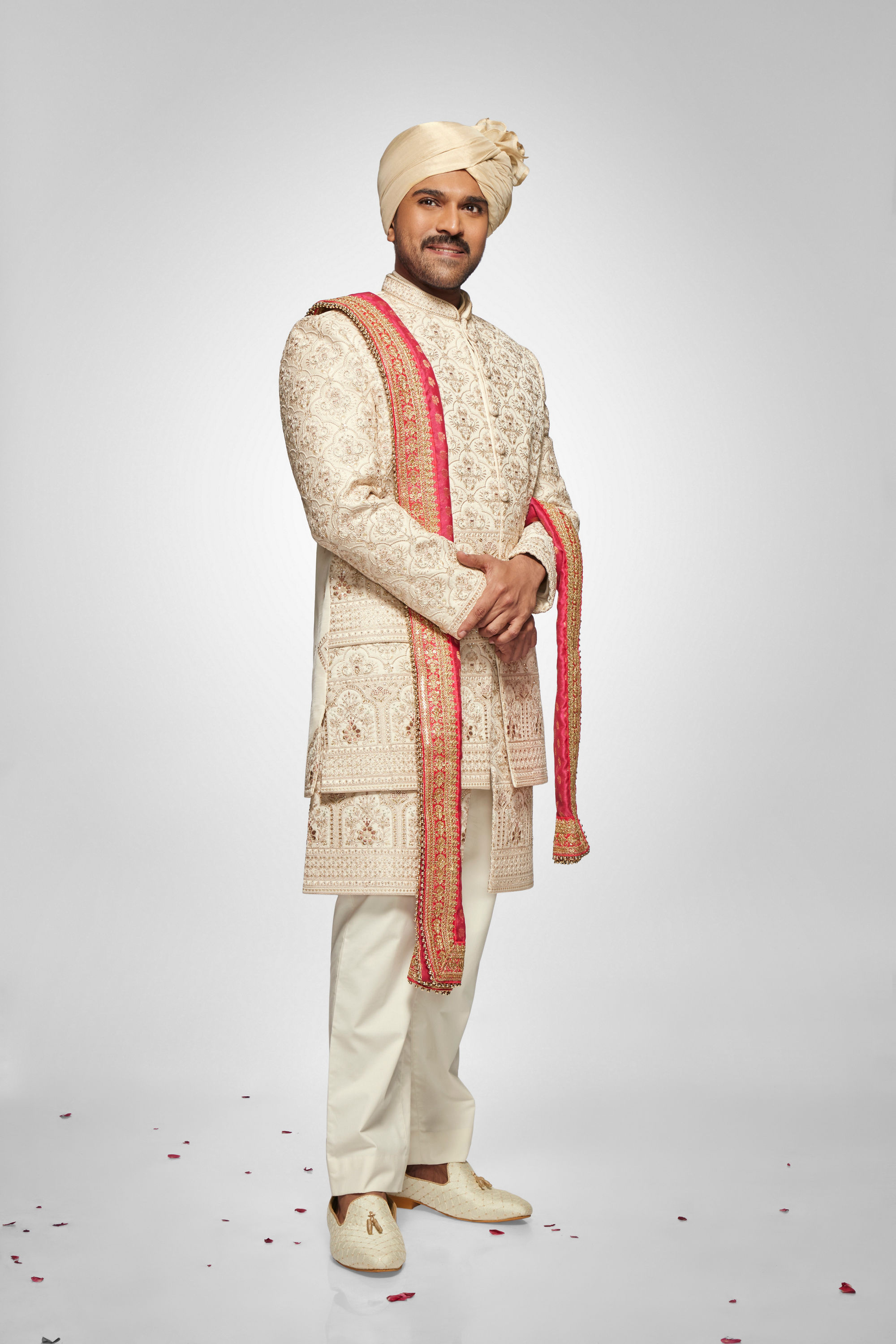 Manyavar Men Warm White Floral Trellis Patterned Sherwani Set