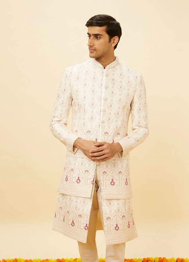 Manyavar Men Cream Pink Imperial Jaal Patterned Open Sherwani Set