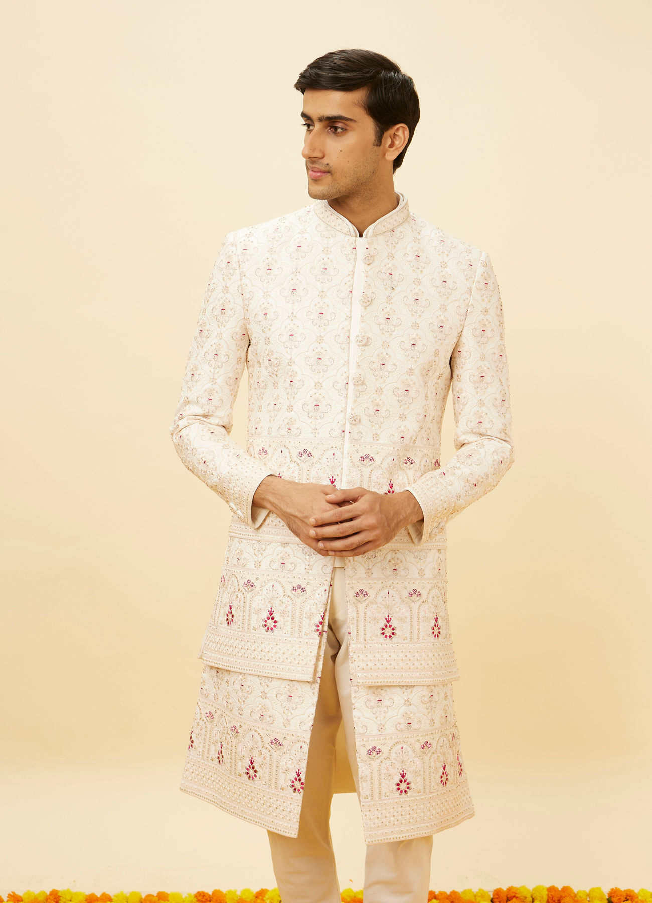 Manyavar Men Cream Pink Imperial Jaal Patterned Sherwani Set