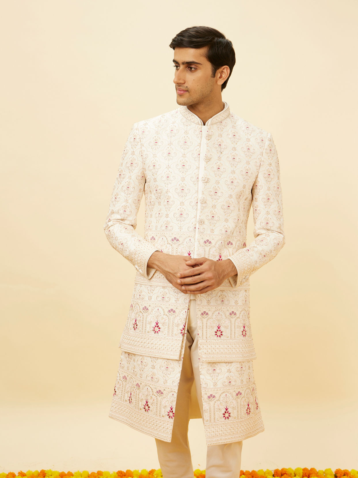 Manyavar Men Cream Pink Imperial Jaal Patterned Open Sherwani Set