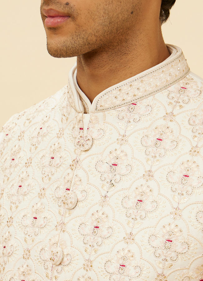 Manyavar Men Cream Pink Imperial Jaal Patterned Open Sherwani Set
