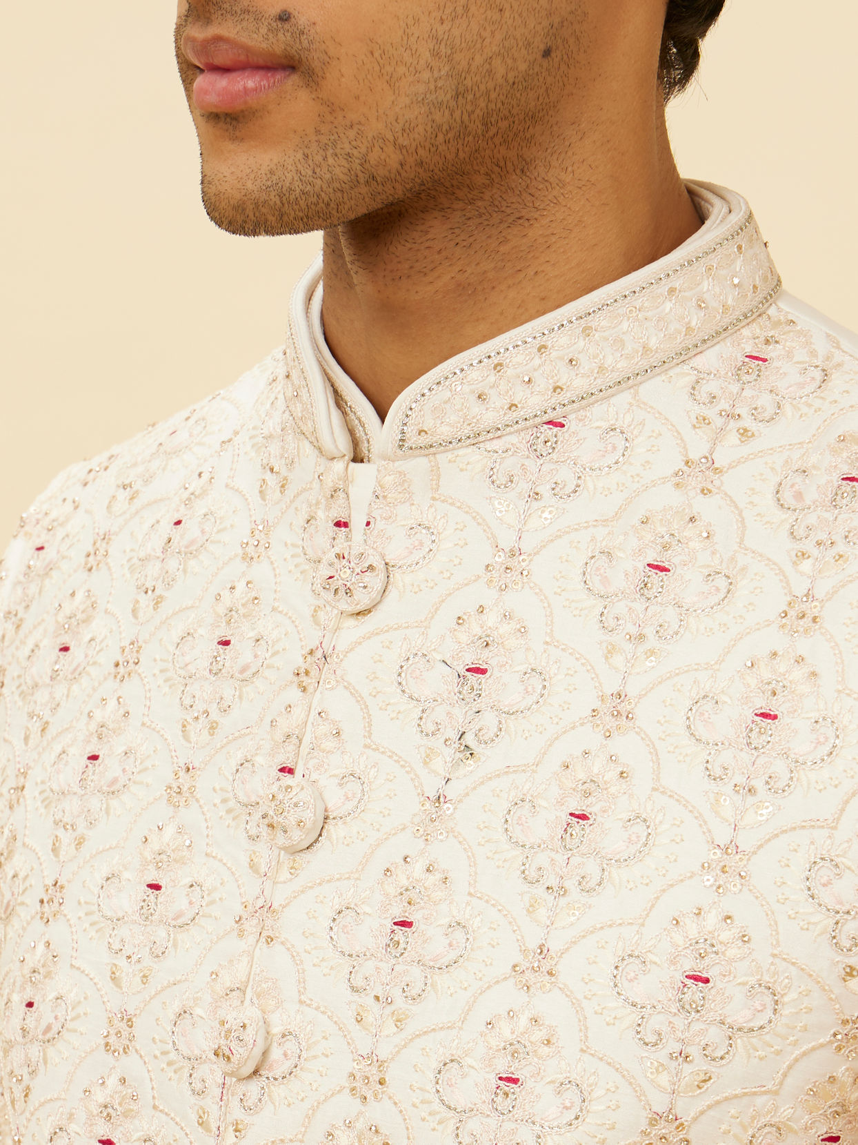 Manyavar Men Cream Pink Imperial Jaal Patterned Open Sherwani Set