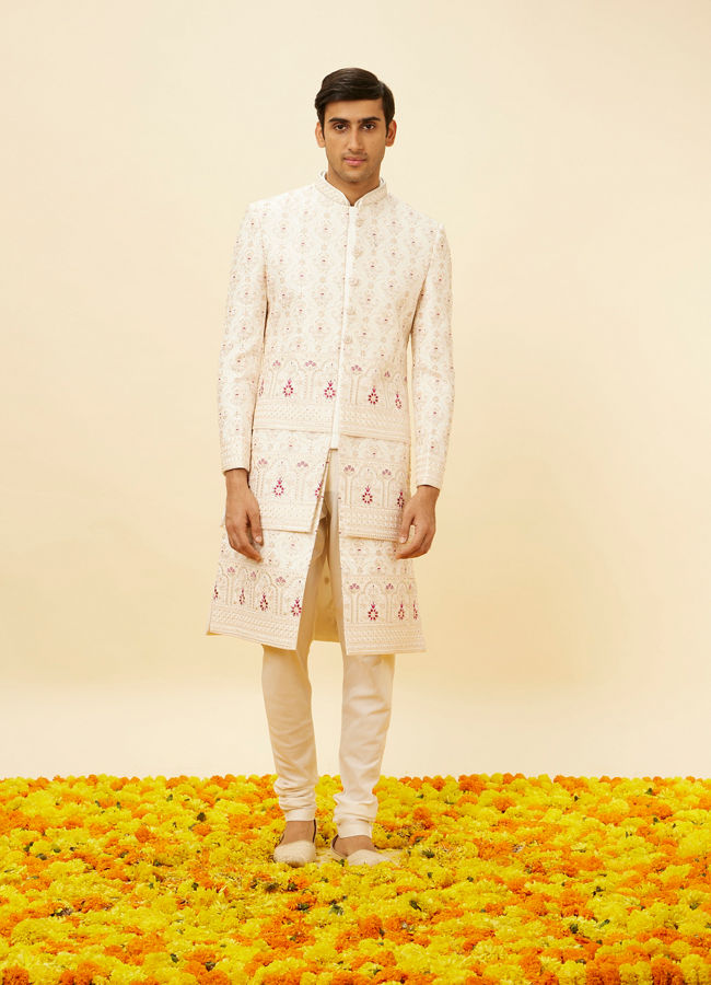 Manyavar Men Cream Pink Imperial Jaal Patterned Sherwani Set