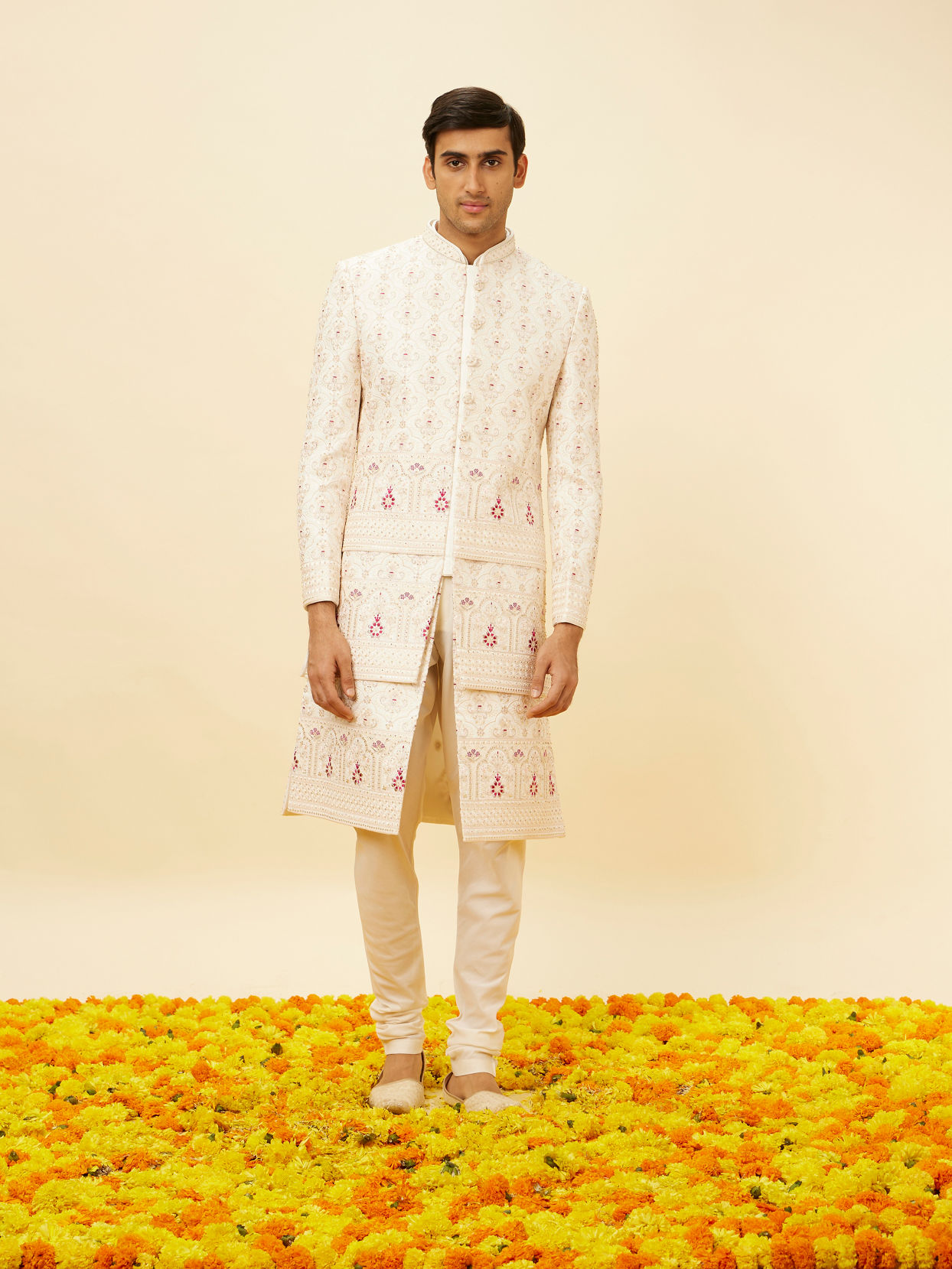 Cream Pink Imperial Jaal Patterned Sherwani Set image number 2