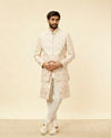 Manyavar Men Cream Beige Shankh Motif Sherwani Jacket Set