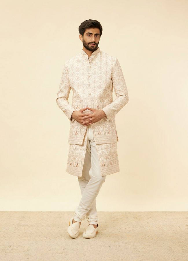 Manyavar Men Cream Beige Shankh Motif Sherwani Jacket Set