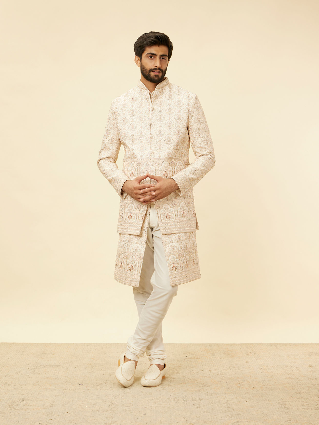 alt message - Manyavar Men Cream Beige Shankh Motif Sherwani Jacket Set image number 2