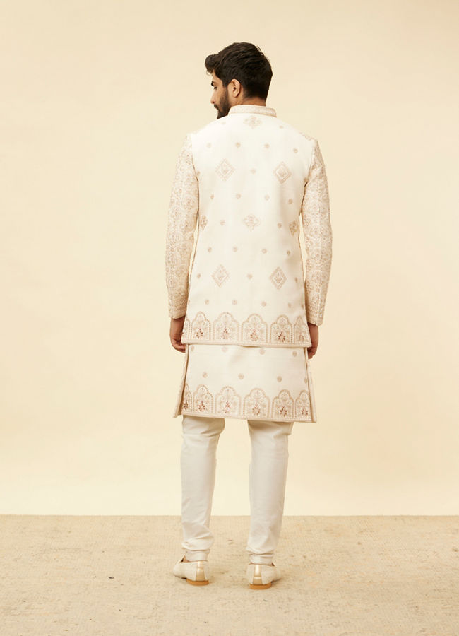 alt message - Manyavar Men Cream Beige Shankh Motif Sherwani Jacket Set image number 4