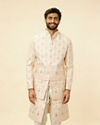 Manyavar Men Cream Beige Shankh Motif Open Sherwani Jacket Set