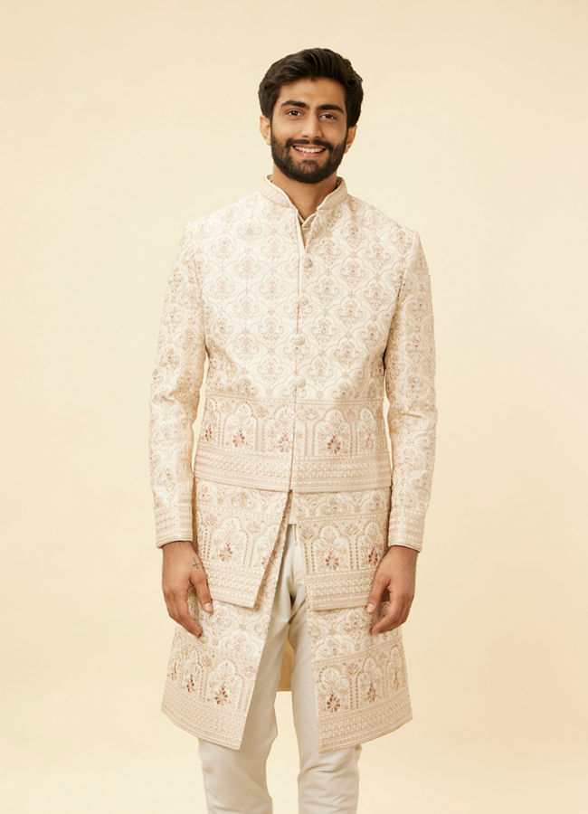 alt message - Manyavar Men Cream Beige Shankh Motif Sherwani Jacket Set image number 0