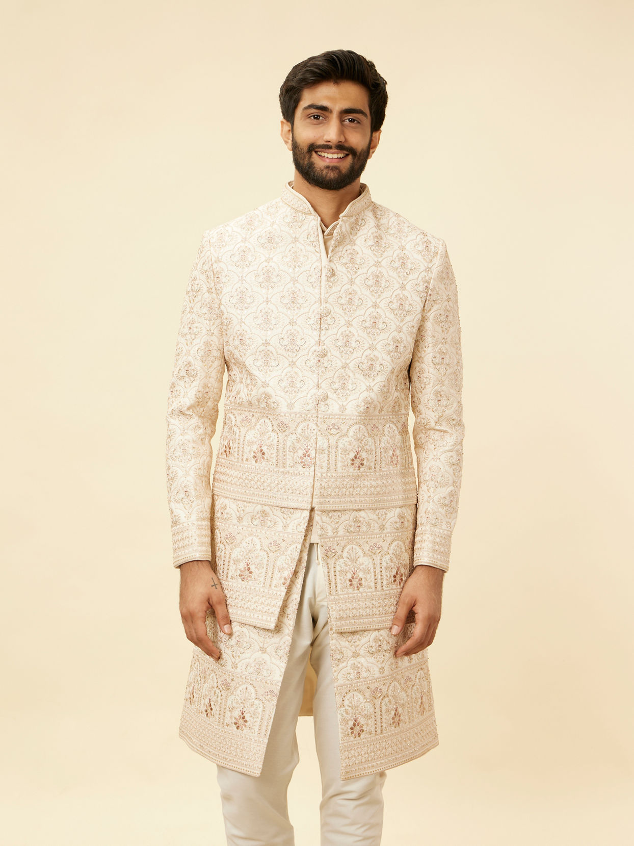Manyavar Men Cream Beige Shankh Motif Open Sherwani Jacket Set