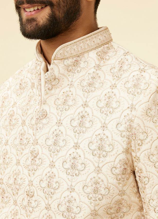 Manyavar Men Cream Beige Shankh Motif Open Sherwani Jacket Set