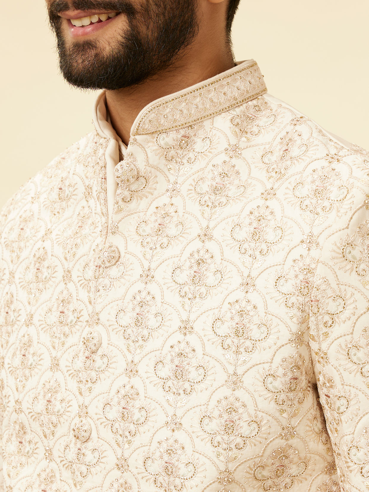 Manyavar Men Cream Beige Shankh Motif Open Sherwani Jacket Set