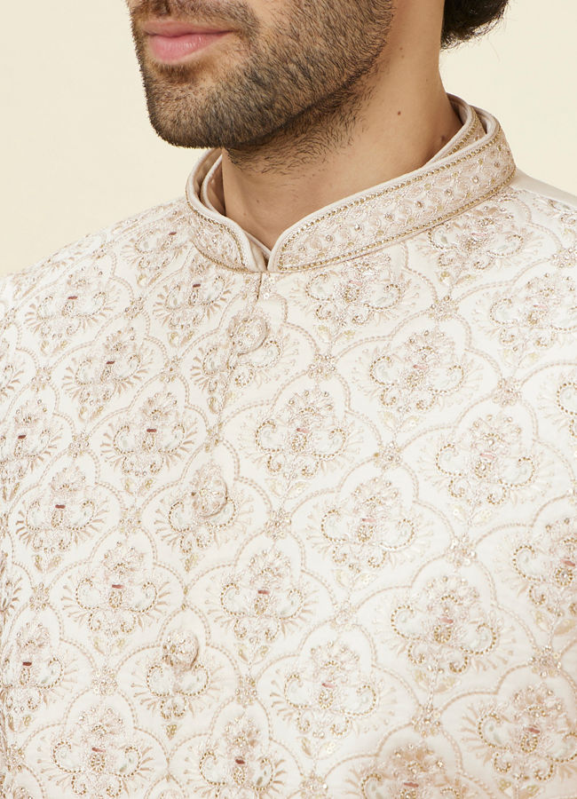 Manyavar Men Warm White Floral Trellis Patterned Sherwani Set