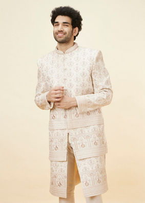 alt message - Manyavar Men Warm White Floral Trellis Patterned Sherwani Set image number 1