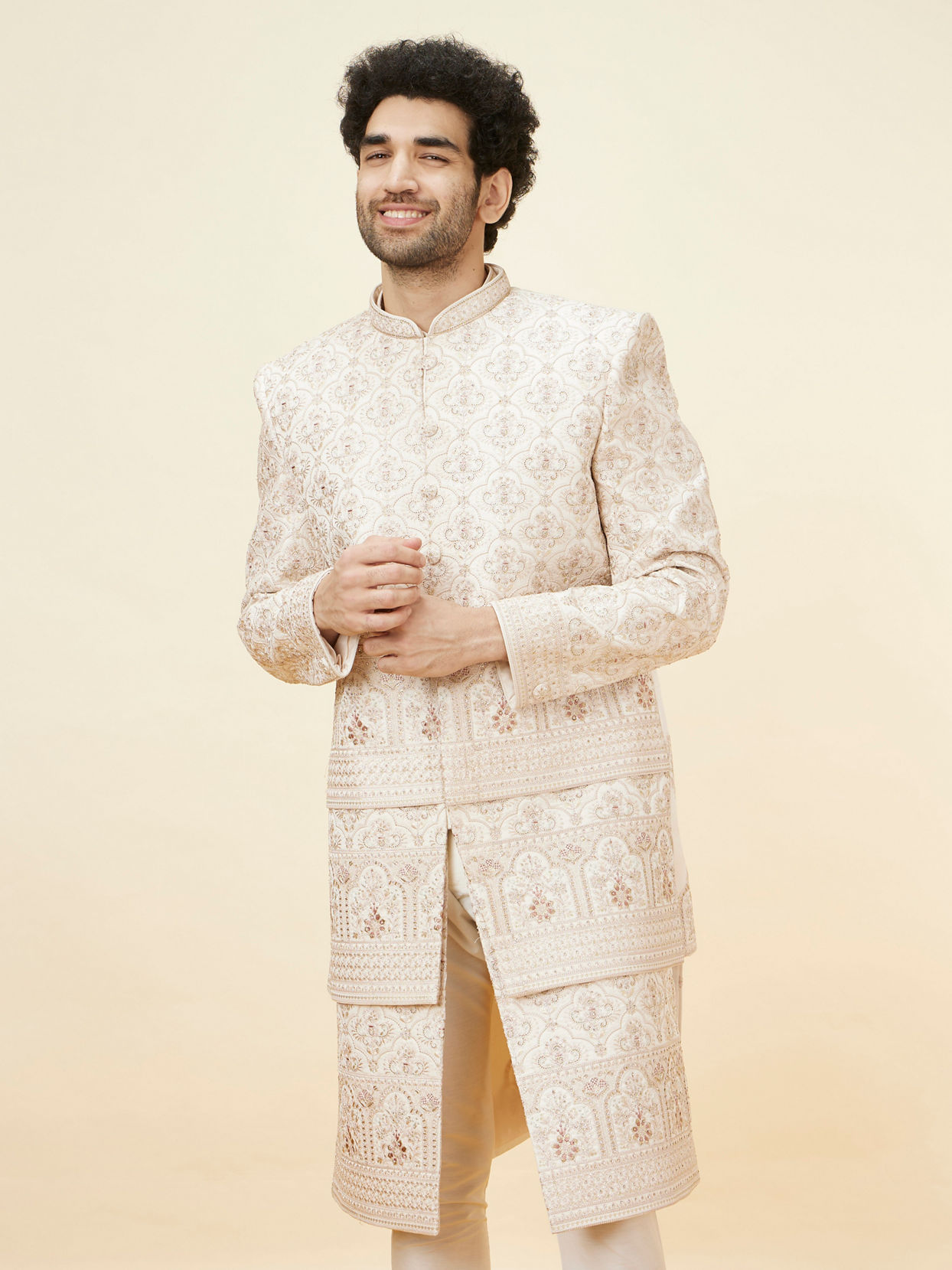 Manyavar Men Warm White Floral Trellis Patterned Open Sherwani Set