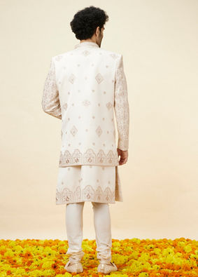 alt message - Manyavar Men Warm White Floral Trellis Patterned Sherwani Set image number 6