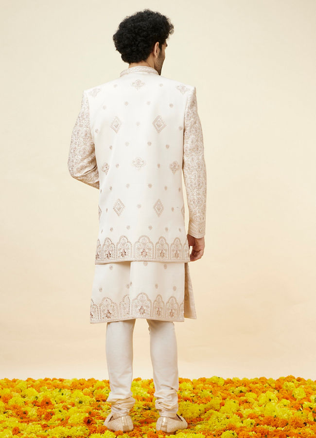 Manyavar Men Warm White Floral Trellis Patterned Sherwani Set