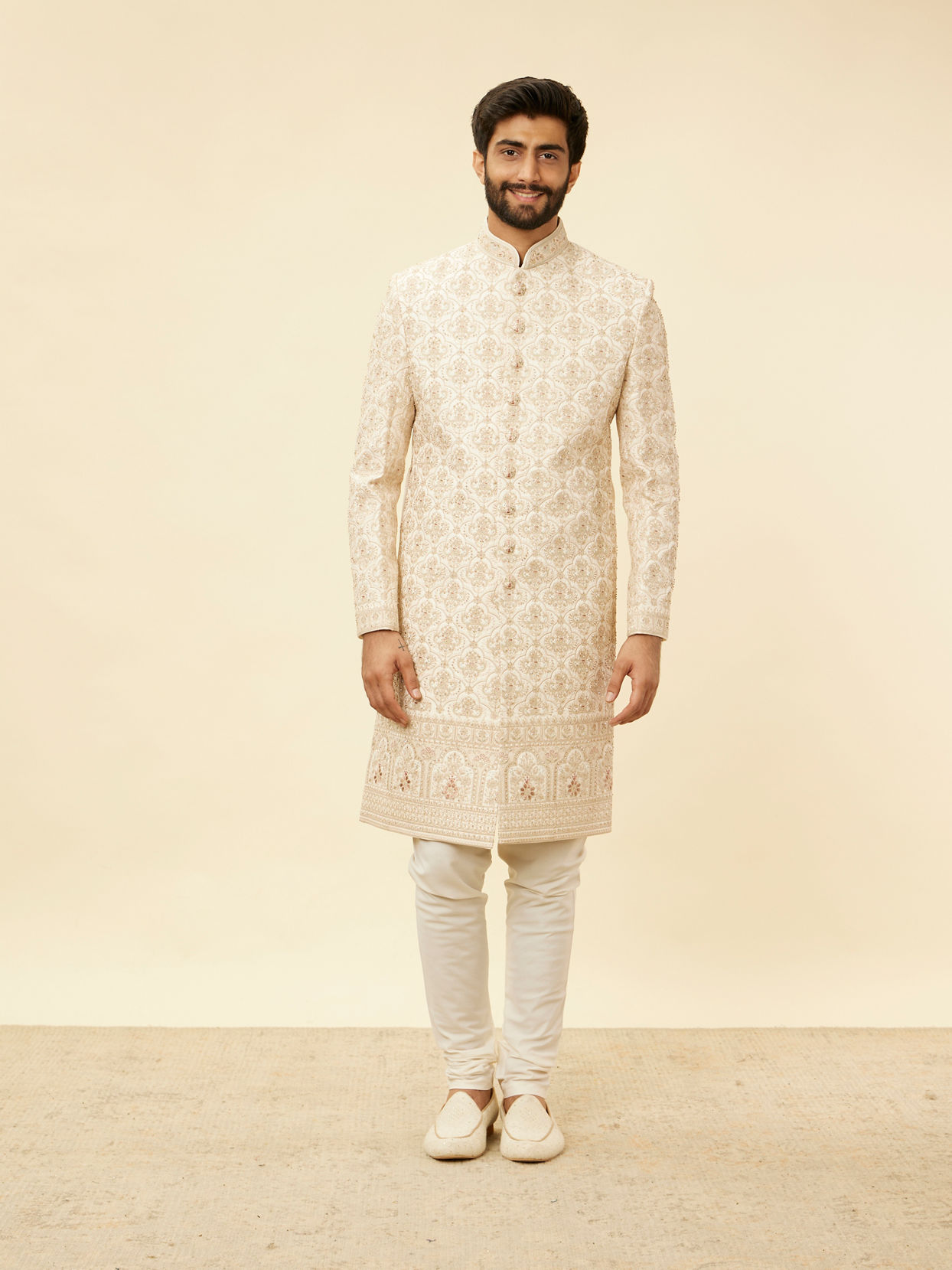 Manyavar Men Rose Pink Imperial Jaal Patterned Layered Sherwani Set
