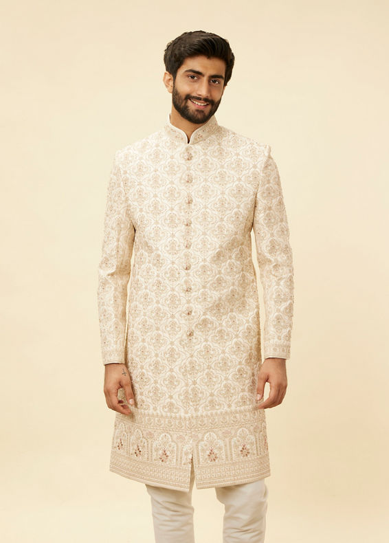 Manyavar Men Rose Pink Imperial Jaal Patterned Layered Sherwani Set
