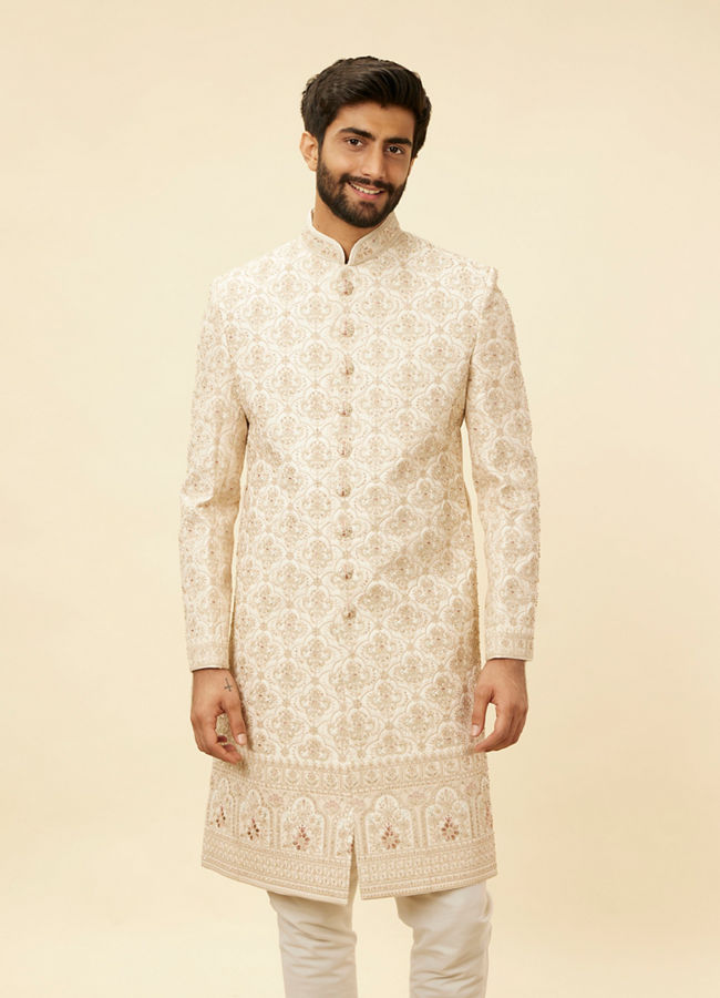 Manyavar Men Rose Pink Imperial Jaal Patterned Layered Sherwani Set