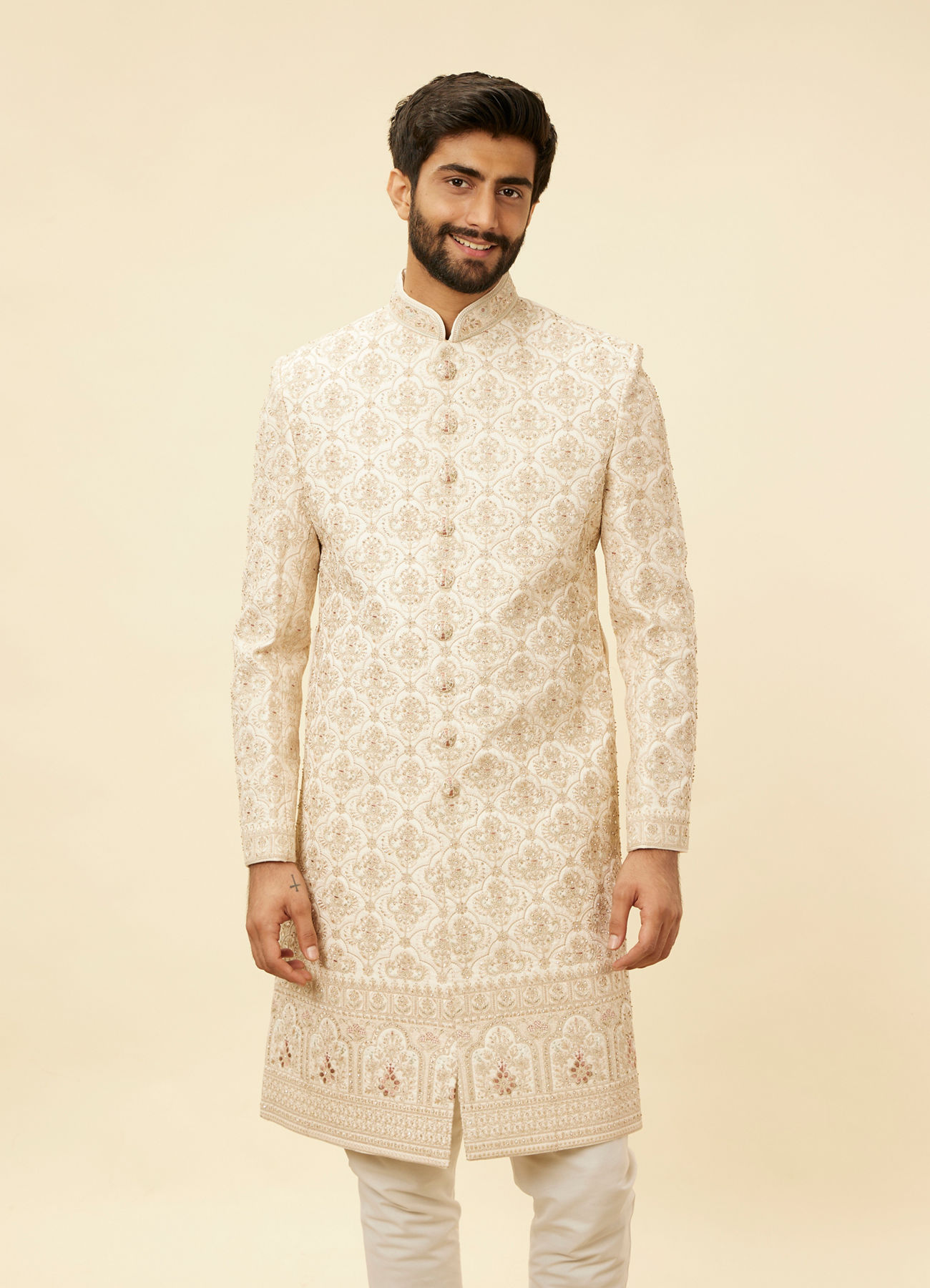Manyavar Men Rose Pink Imperial Jaal Patterned Layered Sherwani Set