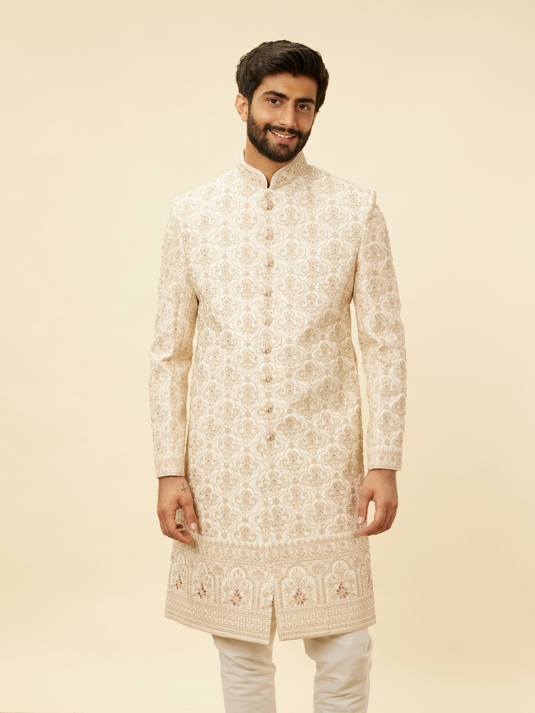 Manyavar Men Rose Pink Imperial Jaal Patterned Layered Sherwani Set