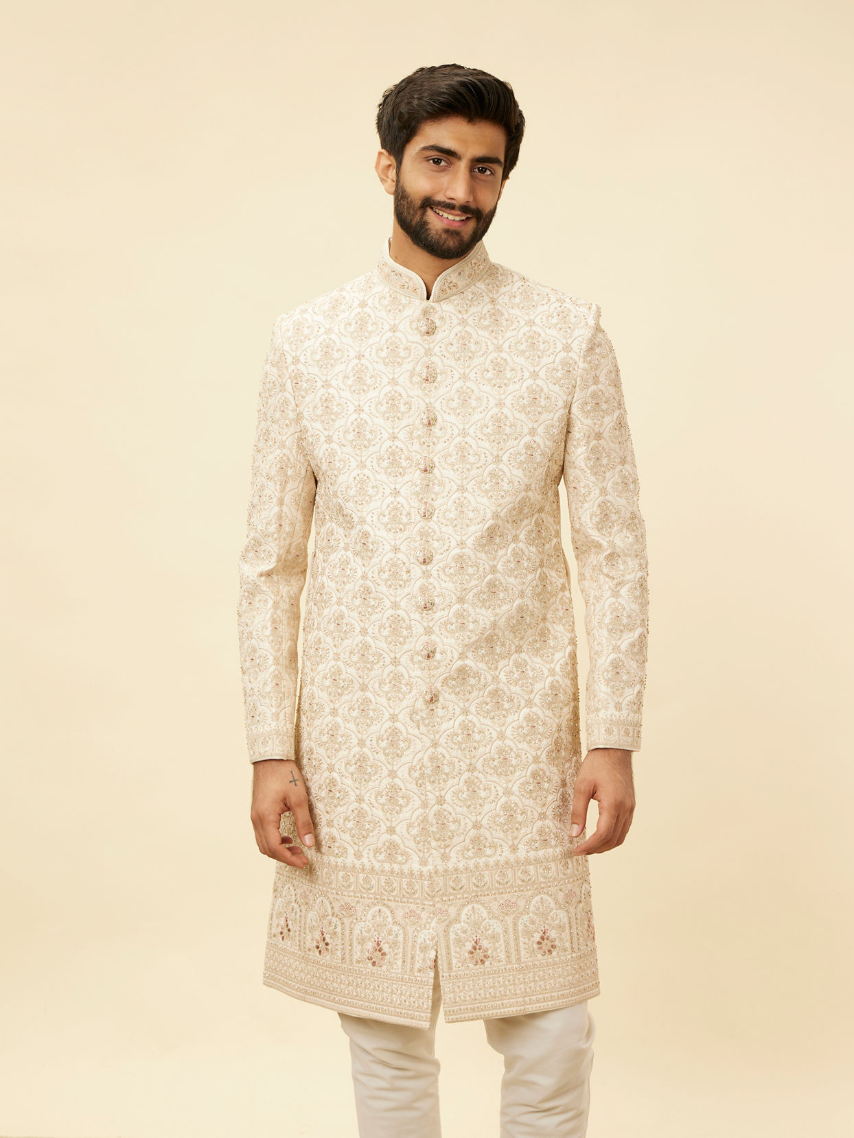 Manyavar Men Rose Pink Imperial Jaal Patterned Layered Sherwani Set