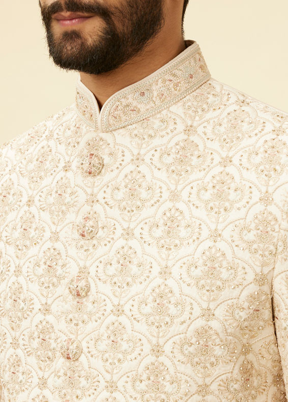 Manyavar Men Rose Pink Imperial Jaal Patterned Layered Sherwani Set