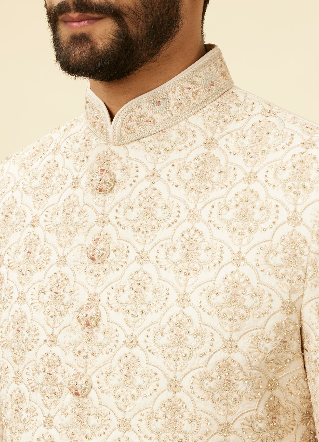 Manyavar Men Rose Pink Imperial Jaal Patterned Layered Sherwani Set