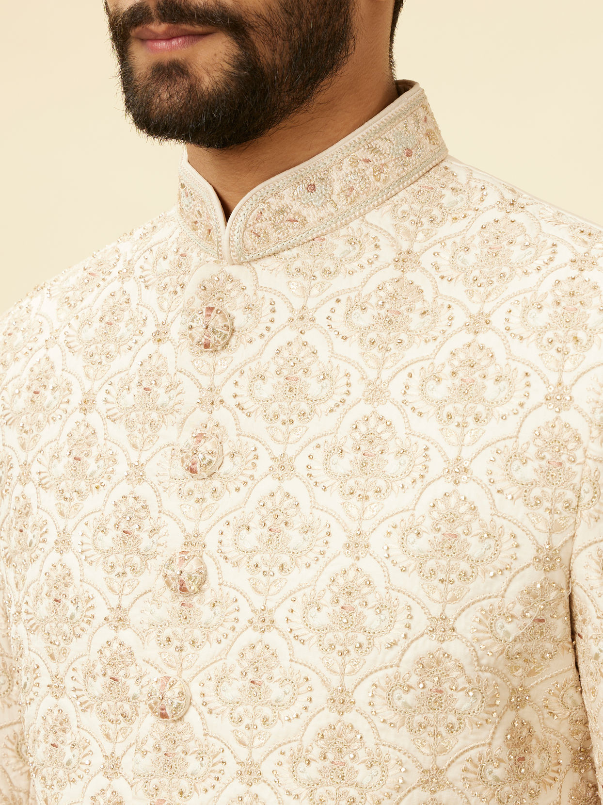 Manyavar Men Rose Pink Imperial Jaal Patterned Layered Sherwani Set