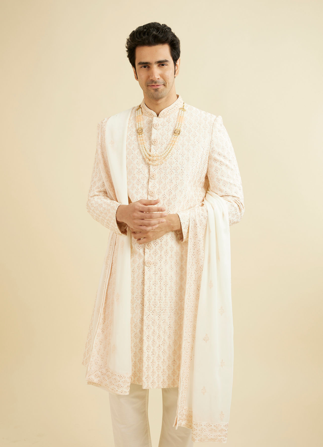 Manyavar Men Warm White Peach Sherwani