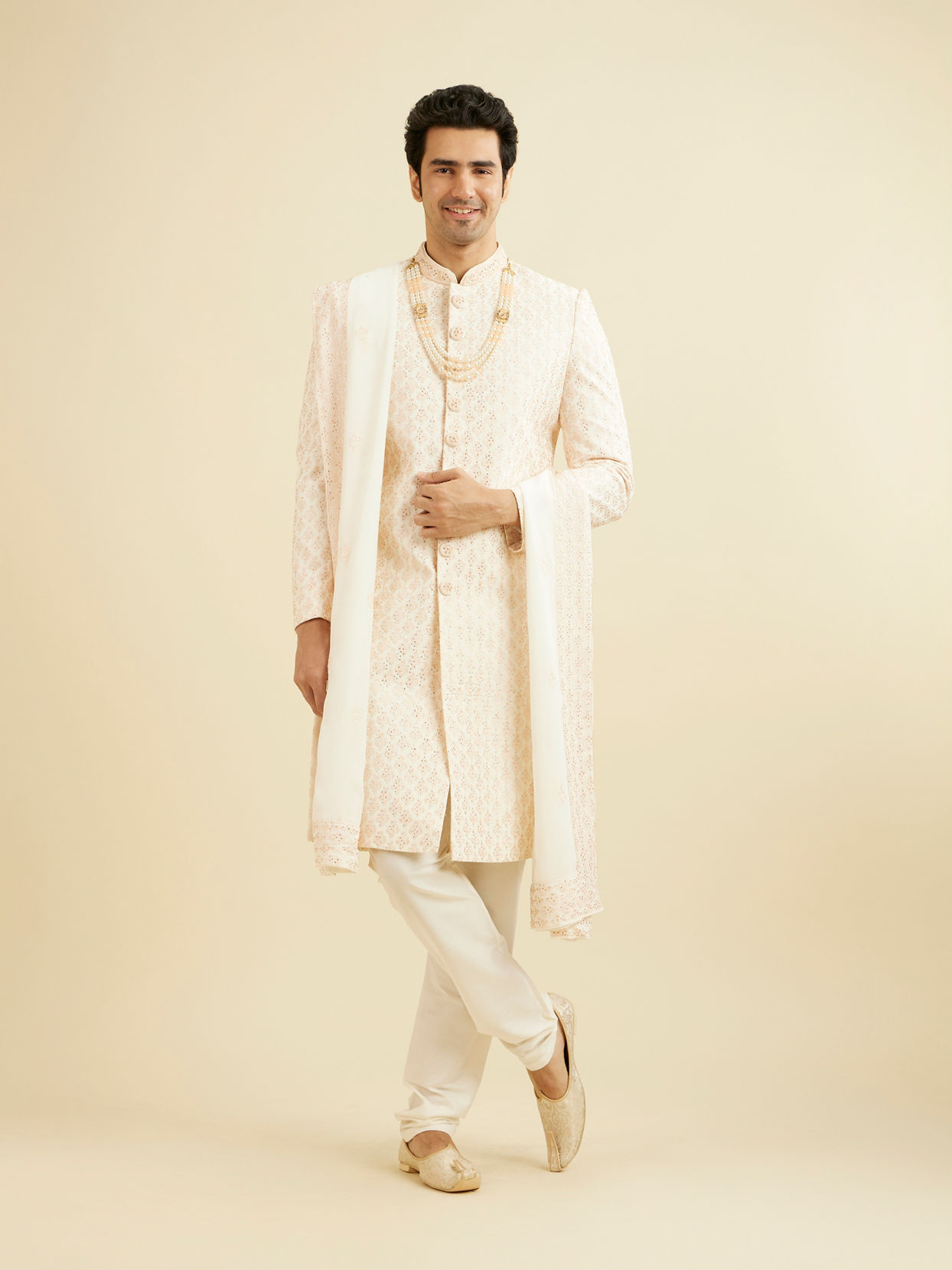 Manyavar Men Warm White Peach Sherwani