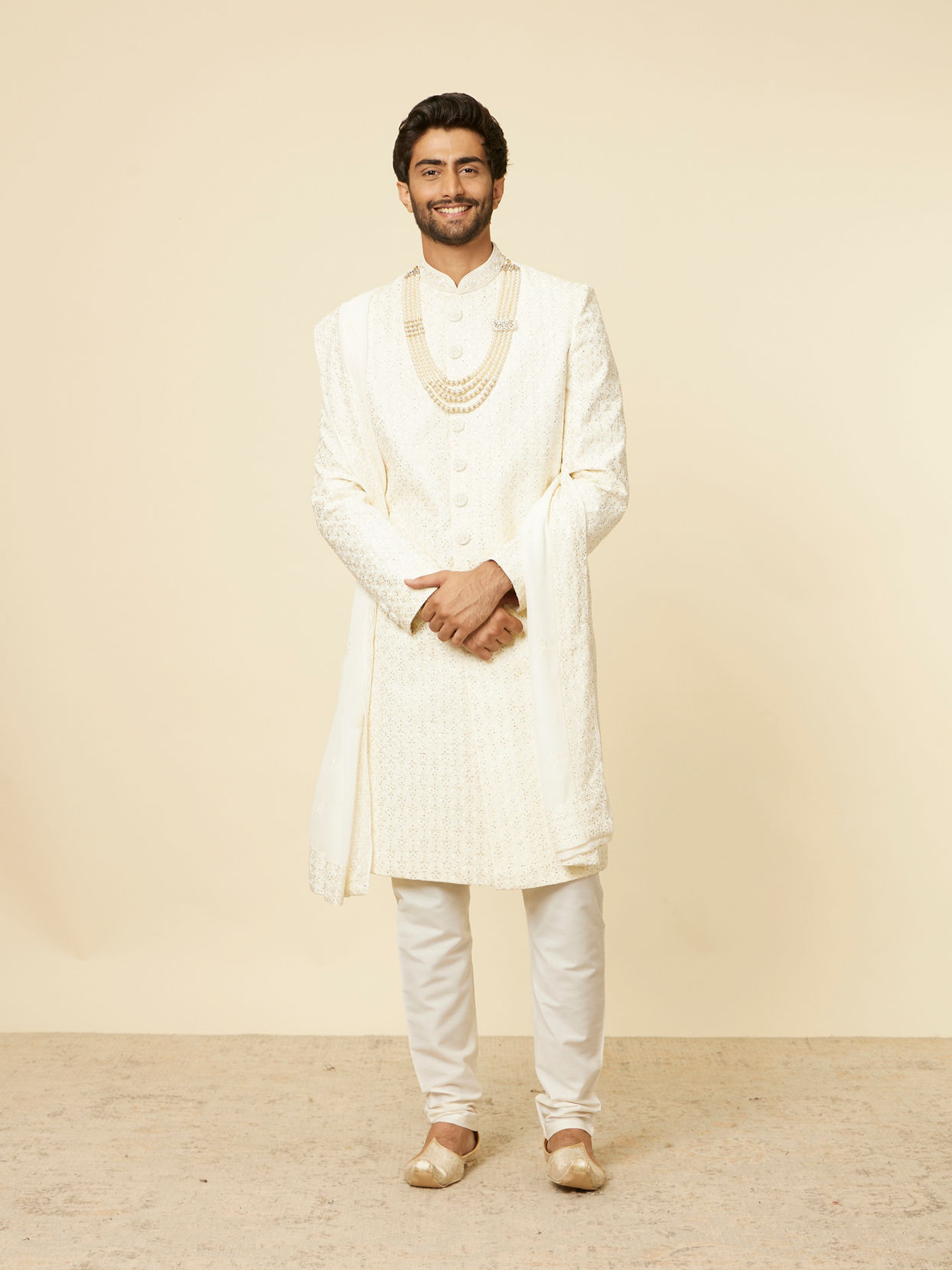 alt message - Manyavar Men Warm White Sequined Sherwani Set image number 2