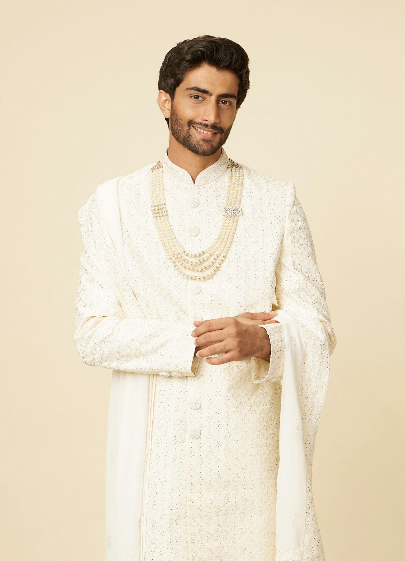 Manyavar Men Warm White Sequined Sherwani Set
