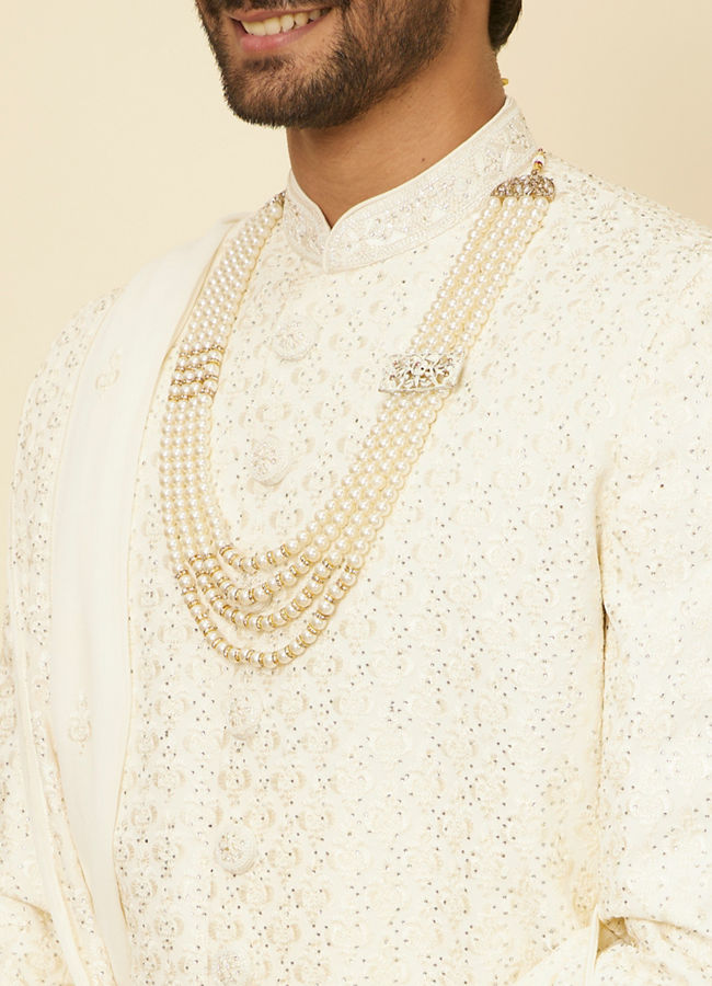 alt message - Manyavar Men Warm White Sequined Sherwani Set image number 1